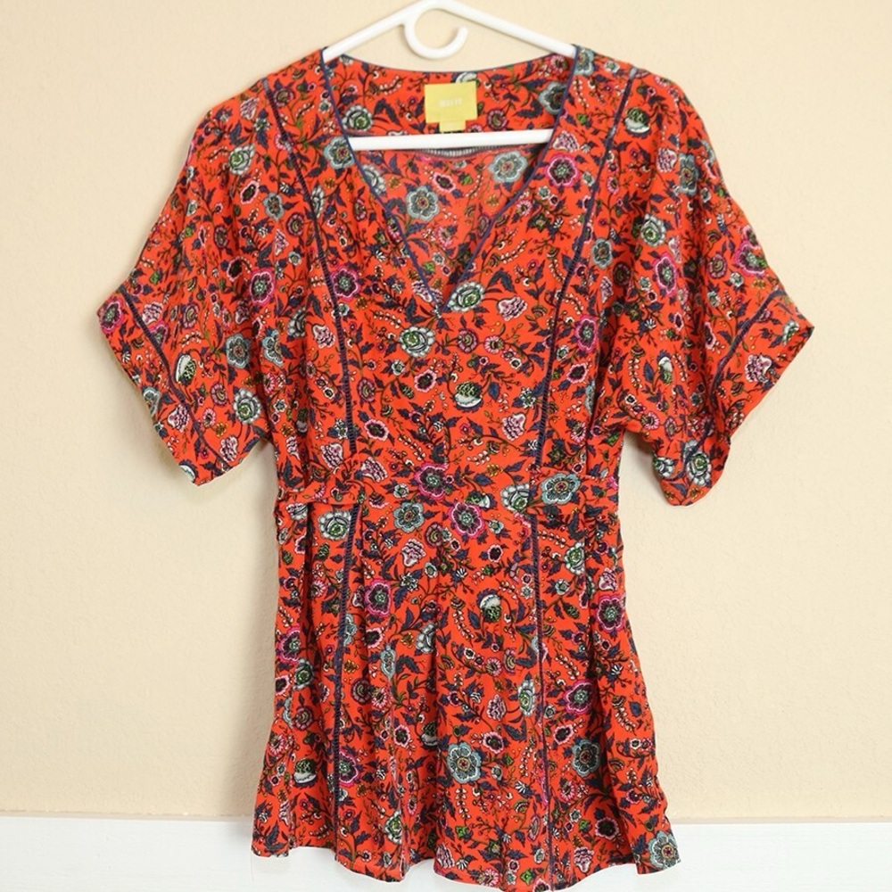 Anthropologie Maeve 100% Silk Kimono Top Blouse Red Navy Floral Waist Tie Small
